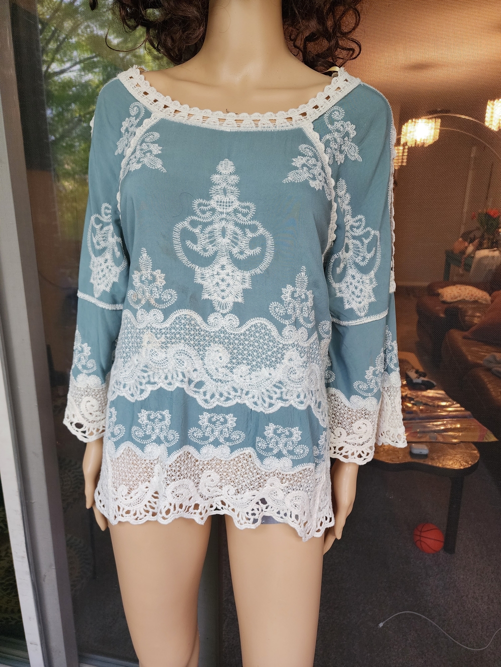 Democracy Light Blue Lace Tunic with White Embroidery